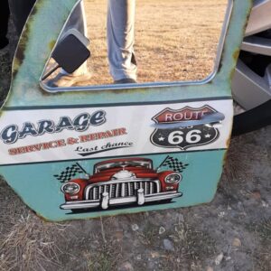 Car door metal wall art mirror, approximately 2  feet square